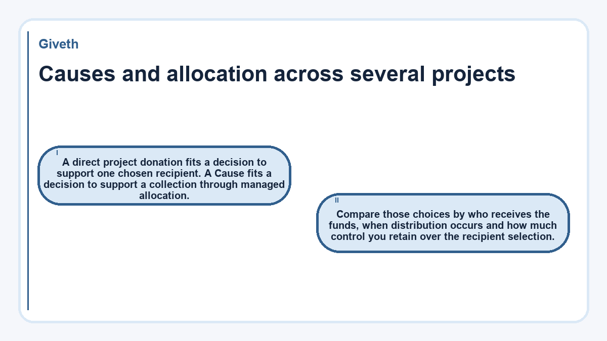 Causes and allocation across several projects: A direct project donation fits a decision to support one chosen recipient. A Cause fits a decision to support a collection through managed allocation.; Compare those choices by who receives the funds, when distribution occurs and how much control you retain over the recipient selection.