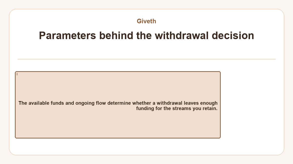 Parameters behind the withdrawal decision: The available funds and ongoing flow determine whether a withdrawal leaves enough funding for the streams you retain.