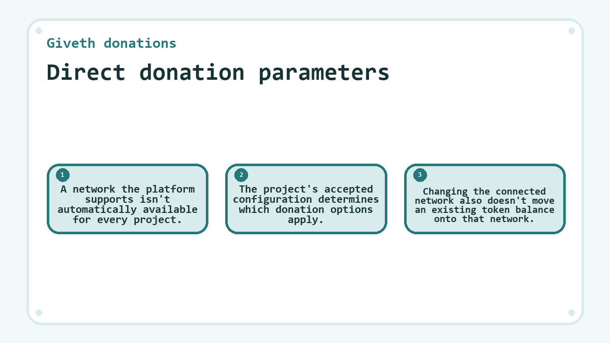Direct donation parameters: A network the platform supports isn't automatically available for every project.; The project's accepted configuration determines which donation options apply.; Changing the connected network also doesn't move an existing token balance onto that network.