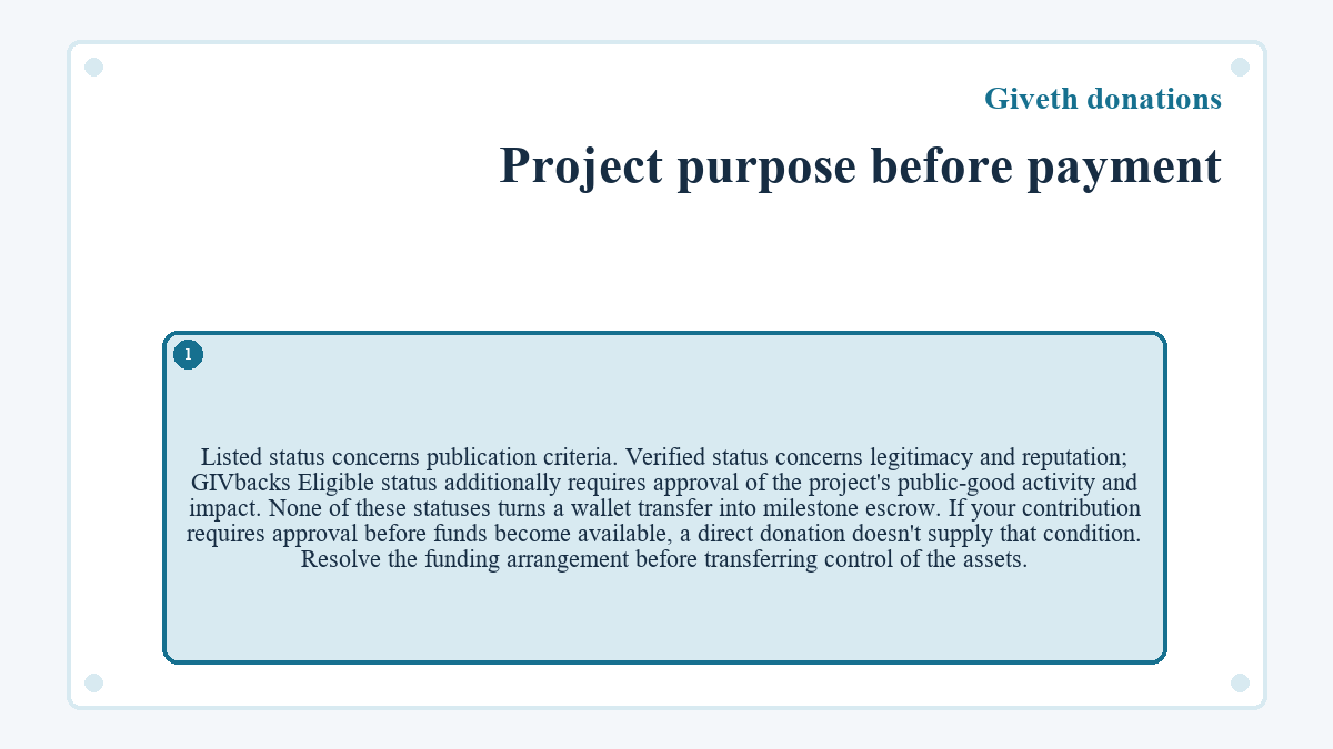 Project purpose before payment: Listed status concerns publication criteria. Verified status concerns legitimacy and reputation; GIVbacks Eligible status additionally requires approval of the project's public-good activity and impact. None of these statuses turns a wallet transfer into milestone escrow. If your contribution requires approval before funds become available, a direct donation doesn't supply that condition. Resolve the funding arrangement before transferring control of the assets.